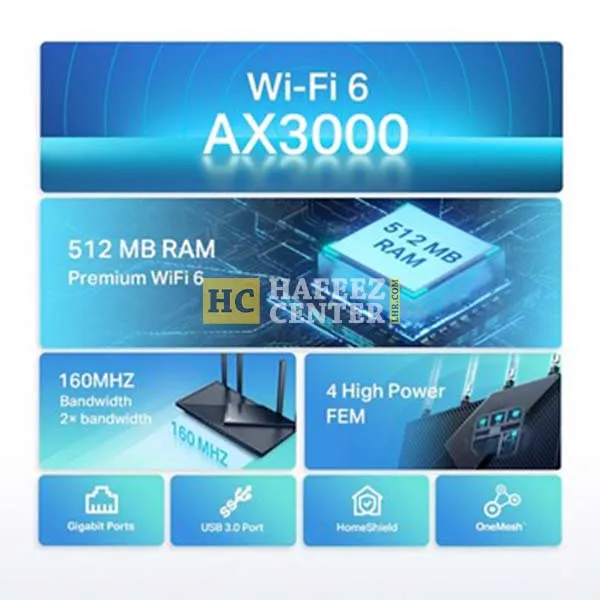 TP-Link Archer AX55 AX3000 Dual Band Gigabit Wi-Fi 6 Router OneMesh WPA3 - Hafeez Center Lahore