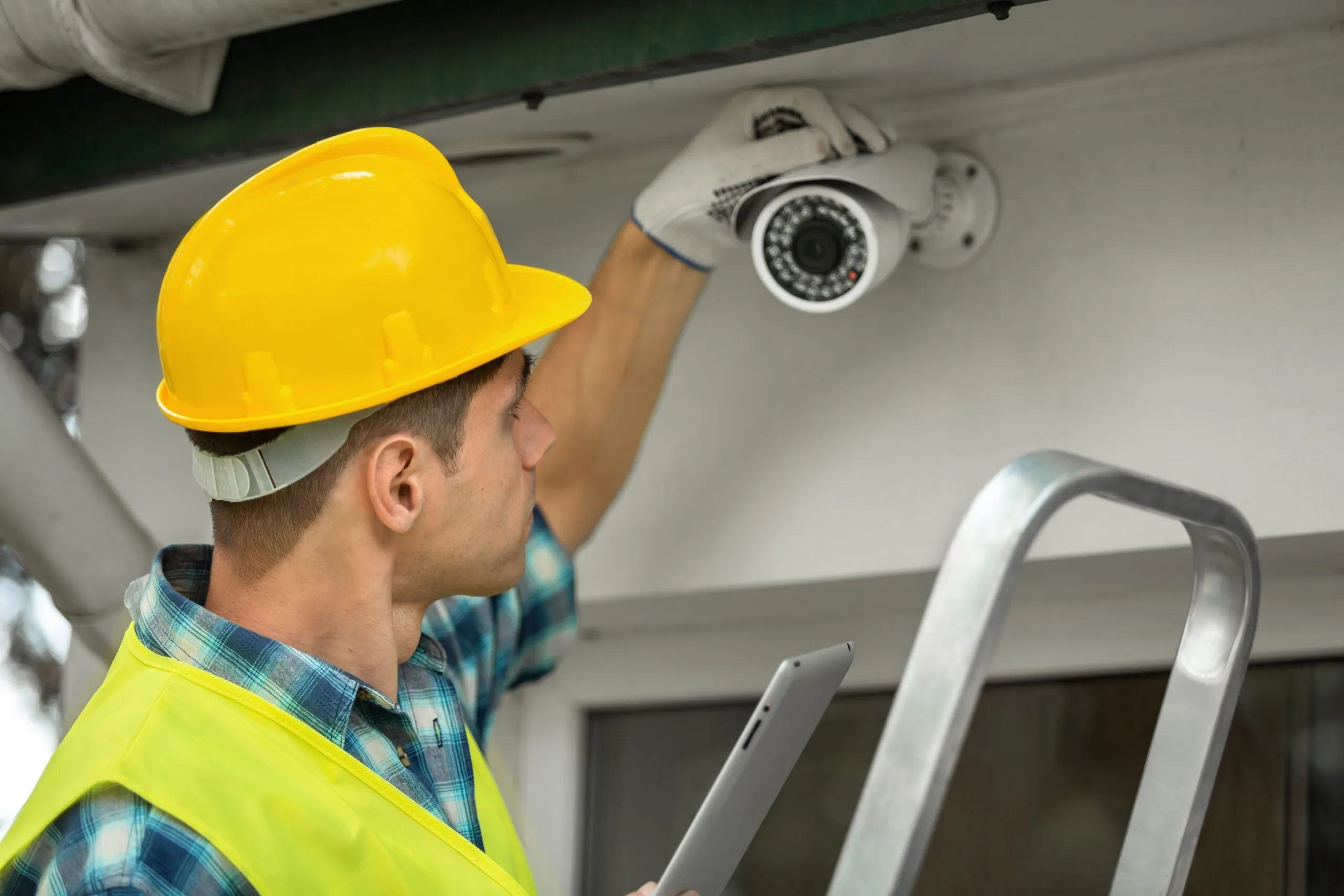 Worker install camera on outdoors CCTV Installation- Hafeezcenterlhr.com